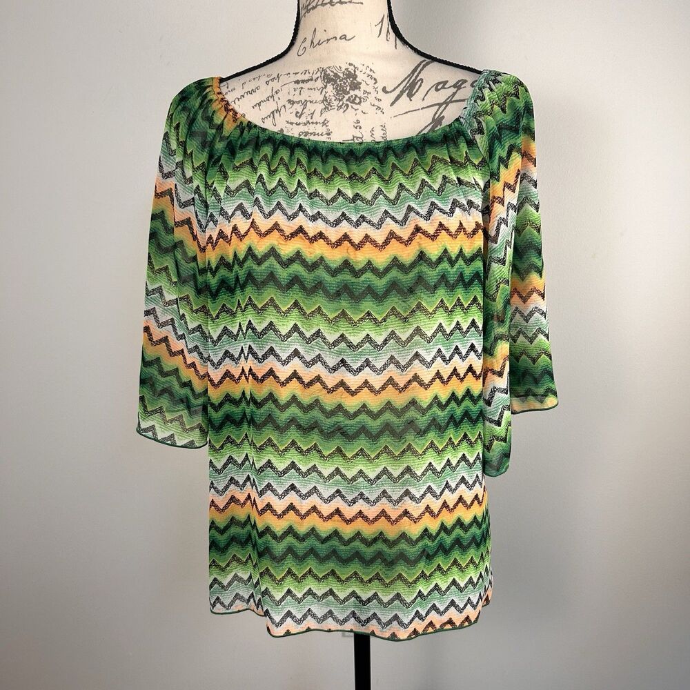 Christian Caliendo Top Large Sheer Green Chevron Print Boat Neck